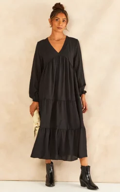 Best Sale 💯 Gini London Oversized V Neck Midi Smock Long Sleeve Black 👗 Dress 🛒