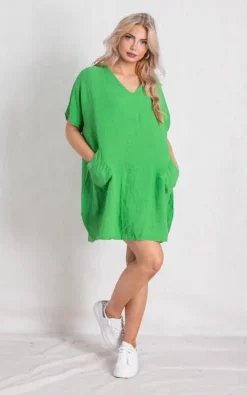 Buy ❤️ Boutique Store Green Linen Short Sleeve Mini 👗 Dress 💯