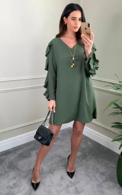 Top 10 🛒 HOXTON GAL Oversized V Neck Ruffle Sleeves Tunic With Necklace In Khaki 😍