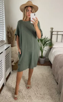 Best deal ✨ Bella And Blue Oversized 👗 Dress With Side Pocket In Khaki 🎁