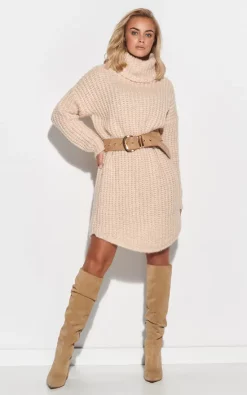 Cheapest 🔥 Makadamia Knitted Sweater Mini 👗 Dress In Beige 🎉