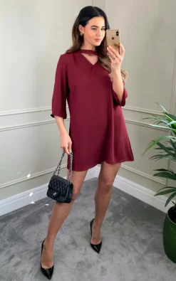 Budget 😉 HOXTON GAL Detailed Neckline Tunic With 3/4 Sleeves In Burgundy 🎁