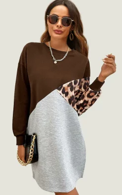 Buy ⌛ FS Collection Leopard Print Relaxed Colour Block Top 👗 Dress In Brown & Grey 👍