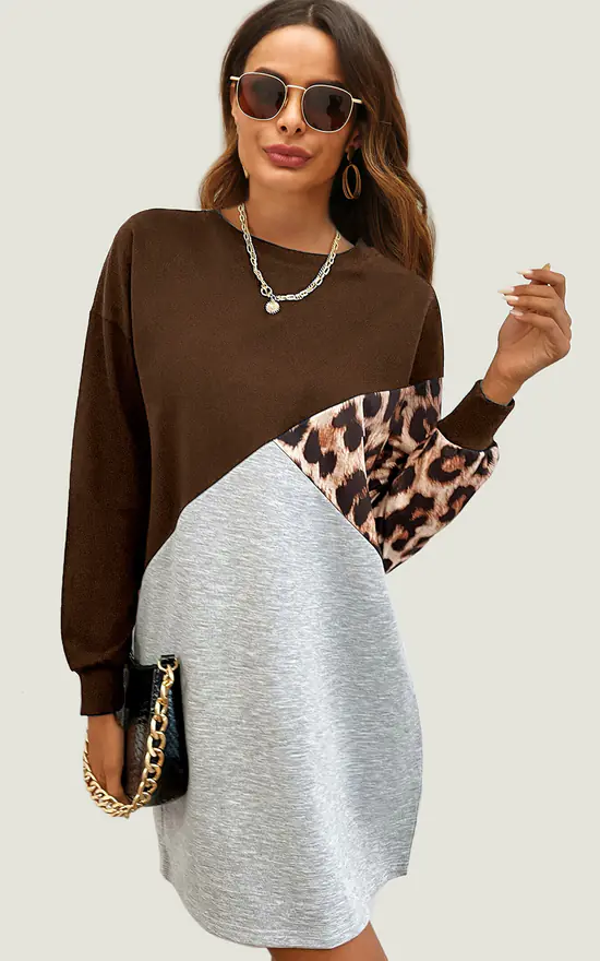 Buy โ FS Collection Leopard Print Relaxed Colour Block Top ๐ Dress In Brown & Grey ๐