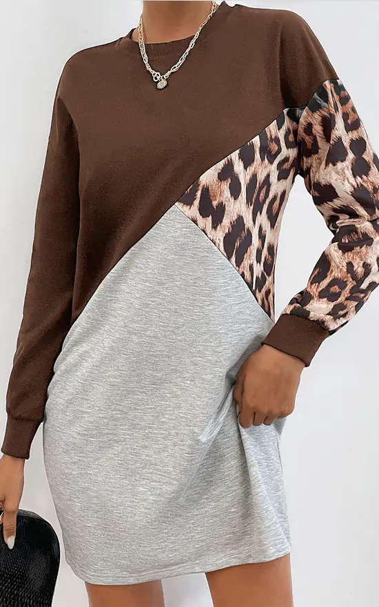 Buy โ FS Collection Leopard Print Relaxed Colour Block Top ๐ Dress In Brown & Grey ๐ - Image 2