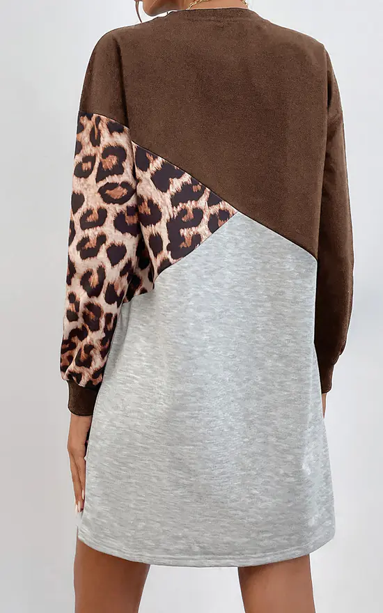 Buy โ FS Collection Leopard Print Relaxed Colour Block Top ๐ Dress In Brown & Grey ๐ - Image 3