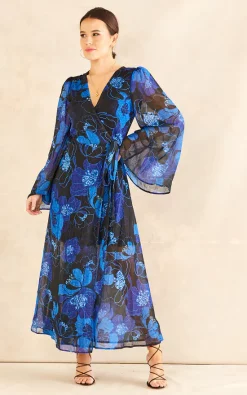 Outlet 🛒 Chekani Flared Sleeve Maxi Wrap 👗 Dress In Blue Silver Floral | Luna 😀