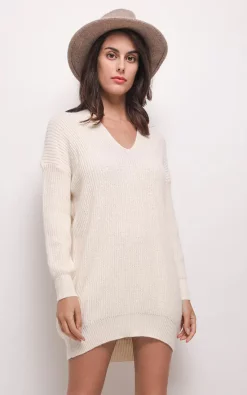 Hot Sale ✔️ Lilura London Oversized Jumper 👗 Dress With V Neck In Beige 🔔