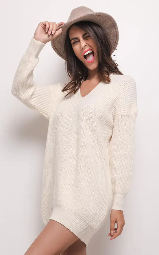 Hot Sale โ๏ธ Lilura London Oversized Jumper ๐ Dress With V Neck In Beige ๐ - Image 2
