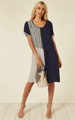 Best reviews of ๐ CY Boutique Short Sleeve Shift ๐ Dress In Navy Stripe Patchwork Print โ