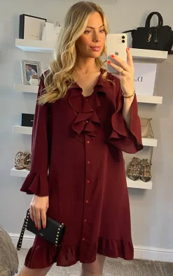 Best Pirce ๐ฅฐ HOXTON GAL Oversized Frilled ๐ Shirt ๐ Dress In Burgundy โญ