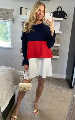 Coupon 😍 HOXTON GAL Oversized Crepe Colour Block 👗 Dress In Navy, Burgundy And White ✨