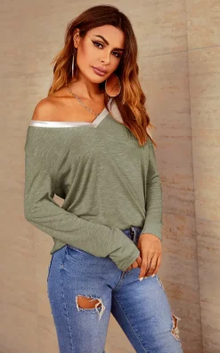 Outlet 🛒 FS Collection Long Sleeves Silver Trim Simple Style T 👕 Shirt Top In Olive Green 🛒