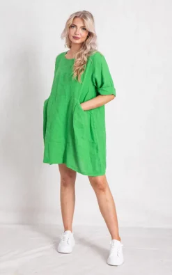 Promo 🛒 Boutique Store Green Linen Round Neck Mini 👗 Dress 🤩