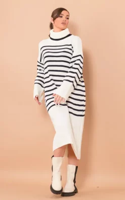Outlet 💯 Boutique Store Off White Long Knitted Polo Neck Navy Striped Jumper 👗 Dress 🎁