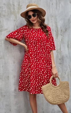Wholesale 🧨 FS Collection White Dot Short Sleeve Oversized Smock 👗 Dress In Red 🛒