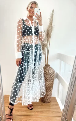 Outlet ⌛ CY Boutique Spotted Design Lace 👕 Shirt 👗 Dress In White 🧨