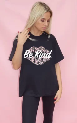 Best Pirce ✔️ Sade Farrell Black Tshirt Top With Be Kind Pink Leopard Kiss 😉