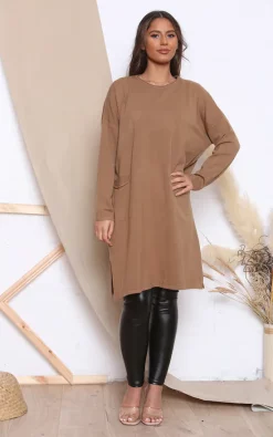 Promo ✔️ Lucy Sparks Camel Long Sleeve Jumper 👗 Dress With Pockets ❤️