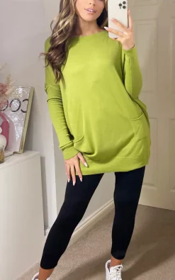 Best Sale ❤️ Love Siena Longline Boat Neck Lime Green Knit With Pockets 😀