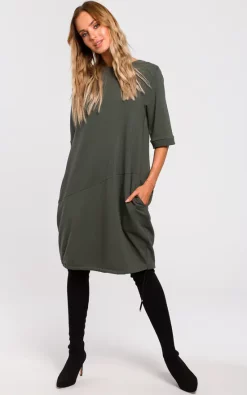 Best Sale 😉 MOE Military Green Oversized Sweatshirt 👗 Dress With Short Sleeves 👏