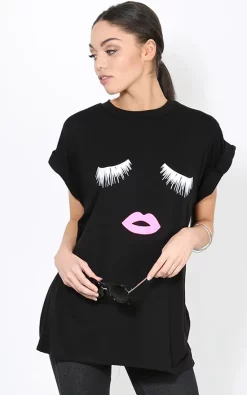 Budget ✔️ Oops Fashion Black Oversized T 👕 Shirt With Lashes Graphic Print 😀