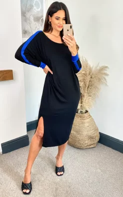 Best deal ⭐ HOXTON GAL Long Sleeves Relaxed 👗 Dress In Black With Lining Blue 🧨