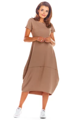 Best Sale ⌛ AWAMA Short Sleeve Midi 👗 Dress With Wide Hem In Beige 🎉