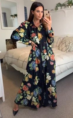 Brand new 👏 CY Boutique Long Sleeve Maxi 👚 Shirt 👗 Dress In Black Spring Floral Print 🔔