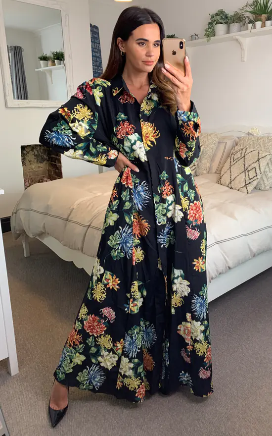 Brand new ๐ CY Boutique Long Sleeve Maxi ๐ Shirt ๐ Dress In Black Spring Floral Print ๐