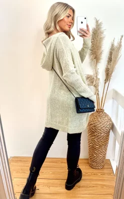 Best Pirce 🥰 CY Boutique Oversized Knitted Jumper 👗 Dress With Hood In Cream 👍
