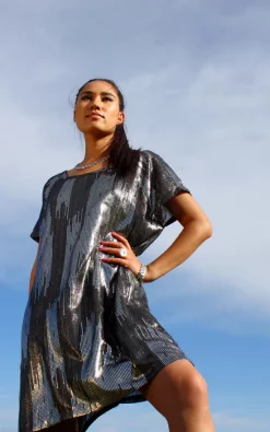 Discount ✔️ Krissyfied Boutique Lisa Stardust Black / Silver Metallic Striped Disco 👗 Dress 🔔