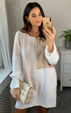 Coupon 😀 HOXTON GAL Oversized Crepe Colour Block Tunic 👗 Dress In Brown And Beige 🌟