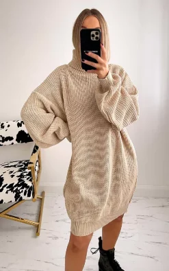 Best Sale ⭐ IKRUSH Macey High Neck Knitted Jumper 👗 Dress In Beige ❤️