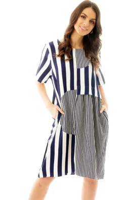 Best reviews of 😉 LOES House Striped Linen Look Smock 👗 Dress In Navy 🧨