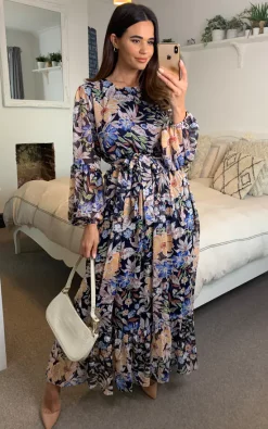 Top 10 ❤️ CY Boutique Long Sleeve Maxi 👗 Dress With Waist Tie In Blue Floral Print 😉
