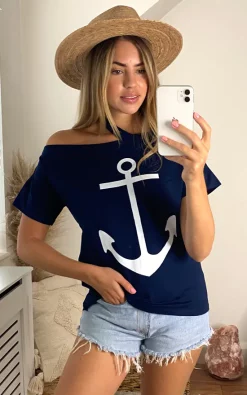 Hot Sale 👍 Jenerique Off Shoulder Oversized 🌞 Summer Navy Top/T 👚 Shirt With Marine Print 🔥