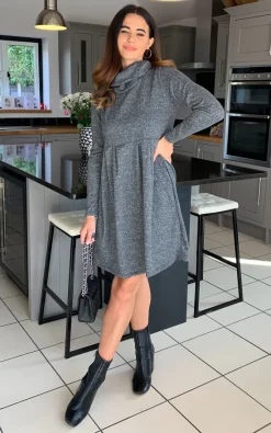 Outlet 👍 TENKI LONDON Full Sleeve Plain Roll Neck Knitted 👗 Dress In Grey 👍