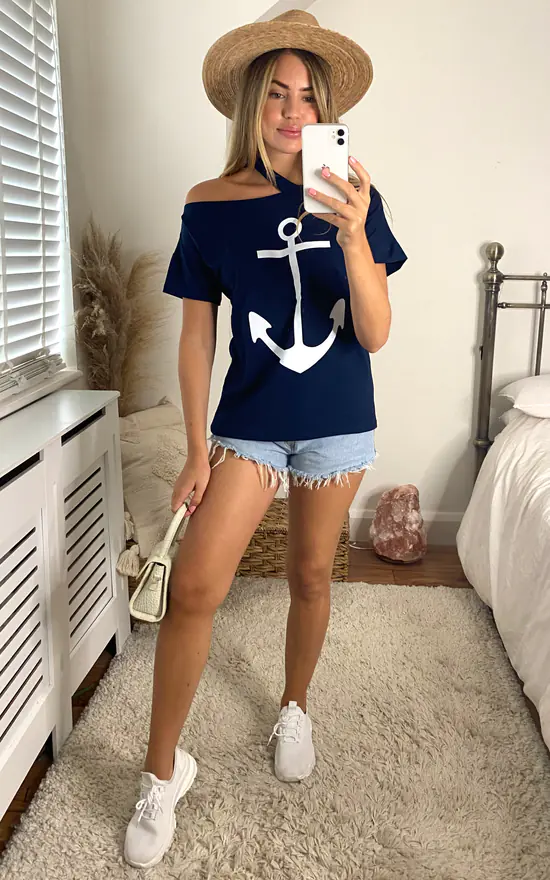 Hot Sale ๐ Jenerique Off Shoulder Oversized ๐ Summer Navy Top/T ๐ Shirt With Marine Print ๐ฅ - Image 2