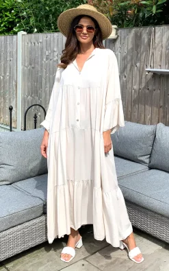 Budget 🎁 Blue Vanilla Millie Long Sleeve Tiered Maxi 👗 Dress In Stone 👏