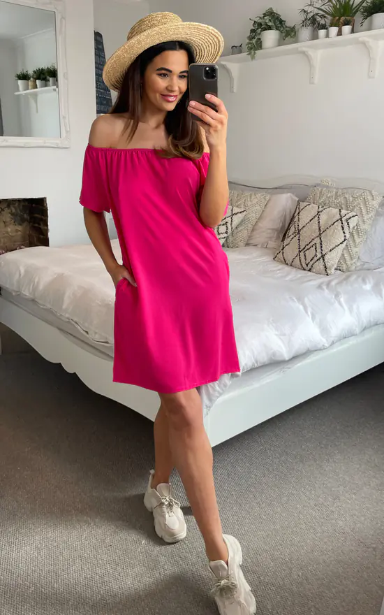Hot Sale ✨ HOXTON GAL Relaxed Off Shoulder Mini ☀️ Summer 👗 Dress In Pink 🛒