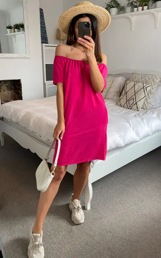 Hot Sale ✨ HOXTON GAL Relaxed Off Shoulder Mini ☀️ Summer 👗 Dress In Pink 🛒 - Image 2