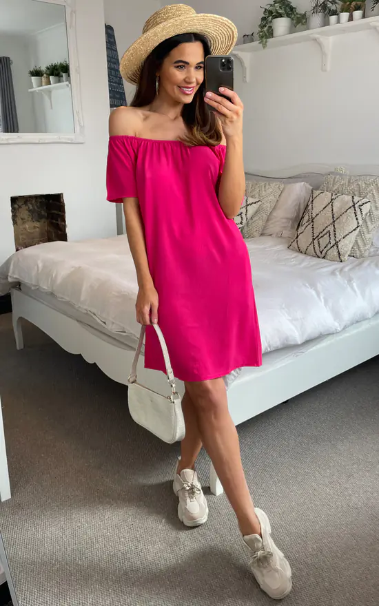 Hot Sale ✨ HOXTON GAL Relaxed Off Shoulder Mini ☀️ Summer 👗 Dress In Pink 🛒 - Image 3