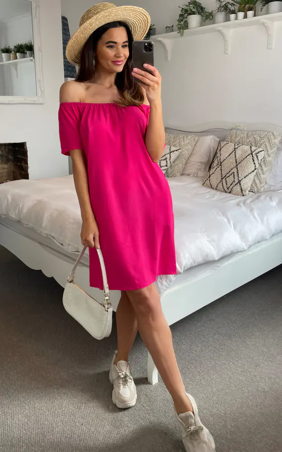 Hot Sale ✨ HOXTON GAL Relaxed Off Shoulder Mini ☀️ Summer 👗 Dress In Pink 🛒 - Image 4
