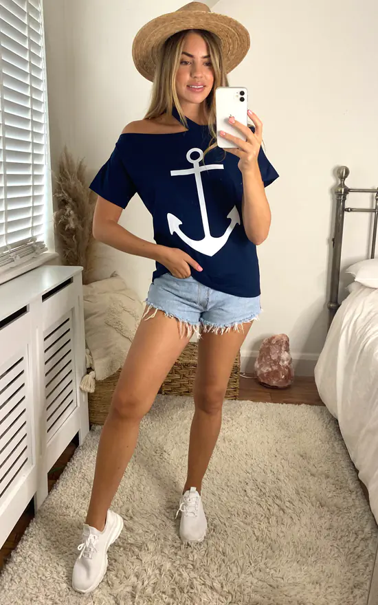 Hot Sale ๐ Jenerique Off Shoulder Oversized ๐ Summer Navy Top/T ๐ Shirt With Marine Print ๐ฅ - Image 4