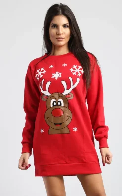 Wholesale ⌛ Oops Fashion Jumper 👗 Dress In Red Long Sleeve Reindeer Print 🧨