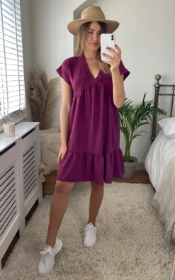 Wholesale 👍 Gini London Wine V Neck Tiered Mini Smock 👗 Dress ❤️