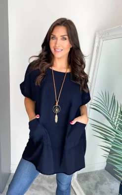 Best Pirce ⌛ Nova Notte Navy Short Sleeve Cotton Pocket Necklace 👕 Shirt Top Ruby 🎁