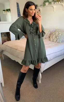 Cheapest 😀 HOXTON GAL Relaxed Frilled 👗 Dress In Khaki 💯