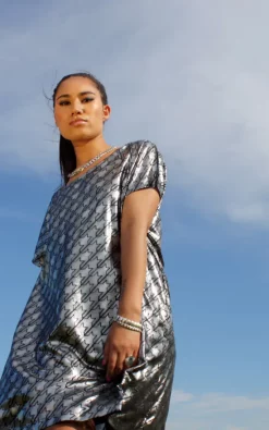 Brand new 🛒 Krissyfied Boutique Lisa Stardust Black / Silver Metallic Houndstooth Disco 👗 Dress 🛒